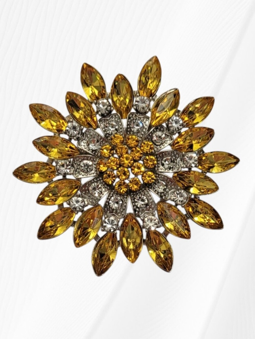 Vintage-Inspired Golden Yellow Crystal And Rhinestone Flower Brooch